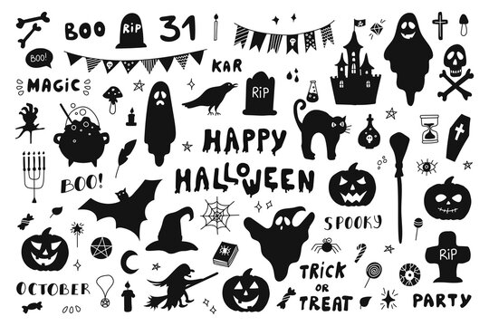 Set of silhouettes for Halloween on white background. Vector illustration with characters, decor of postcards, flyers, posters
