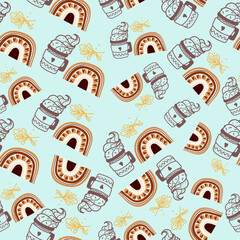 Cute seamless pattern with vector christmas illustrations. Cute vector hand drawn elements: Delicious coffee, spruce and mistletoe branches,candles, confetti. Nice illustration for wrapping paper.