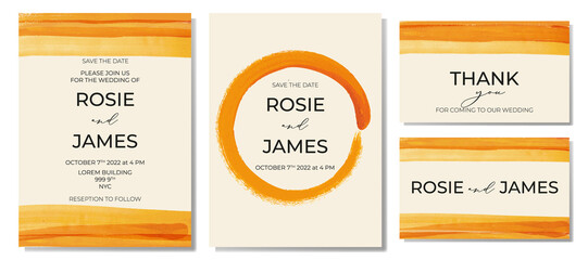 Abstract minimalistic watercolor autumn wedding invitation cards template design, orange brush stroke with frame on light beige background, colorful modern theme
