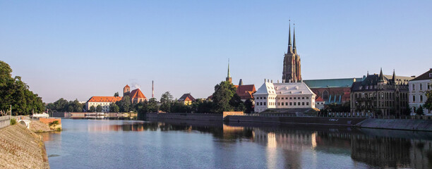 Obraz premium Odra river and tree on Ostrow Tumski in the morning fog. Sunrise over river. Wroclaw.