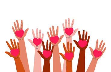 Flat vector illustration of hands of different nationalities holding hearts. A symbol of friendship and love for each other.