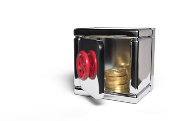 3D illustration with a cartoon safe with coins with a dollar sign. Template on the theme of business and investment.