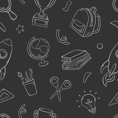 School seamless pattern in doodle style, vector illustration. Back to school concept, stationery symbols on a chalk board background. Pattern hand drawn for print and design online education