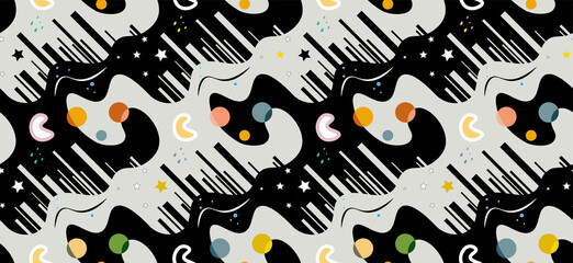 Seamless childish pattern with funny sloth in a helmet surrounded by space elements. Creative city texture for fabric, wrapping, textile, wallpaper, apparel. Vector illustration