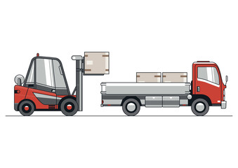 Illustration of a truck loading process by a forklift. Modern line vector design.