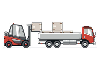 Illustration of a truck loading process by a forklift. Modern line vector design.