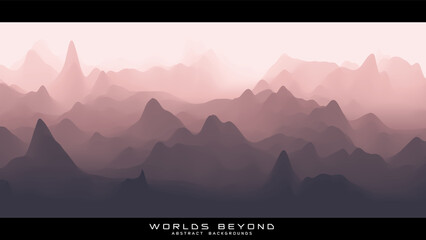 Abstract reddish landscape with misty fog till horizon over mountain slopes. Gradient eroded terrain surface. Worlds beyond.