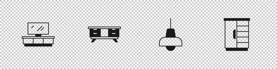 Set TV table stand, Lamp hanging and Wardrobe icon. Vector