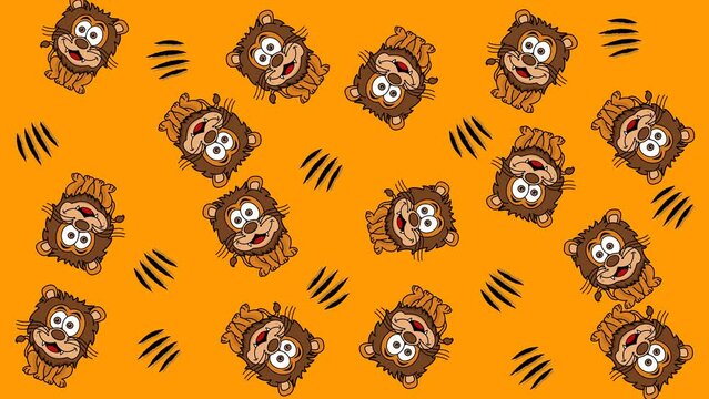 Several lions in random movements on an orange and green background - animation