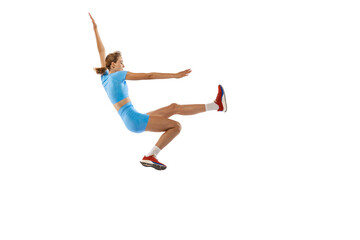 Fototapeta na wymiar Triple jump technique. Studio shot of female athlete in sports uniform jumping isolated on white background. Concept of sport, action, motion, speed.