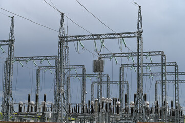 High voltage electric pole and transmission lines. Electricity pylons. Power and energy concept