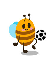 Sports bee isolated on white background. Vector illustration. Bee playing football. Design element
