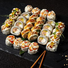 sushi set on the black background