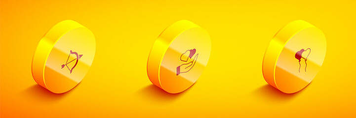 Set Isometric Bow and arrow, Heart in hand and Balloons form of heart icon. Vector