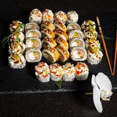sushi set on the black background