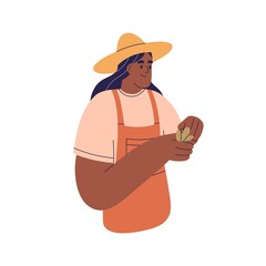 Female farmer holding seedling, plant, sprout with green leaf in hand. Black woman, farm worker growing, caring about vegetation. Flat graphic vector illustration isolated on white background