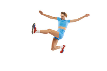 Fototapeta na wymiar Triple jump technique. Studio shot of female athlete in sports uniform jumping isolated on white background. Concept of sport, action, motion, speed.