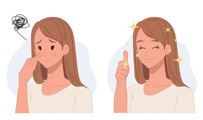 Skin care concept.woman,girl with acne.Before and after acne.Flat vector 2d cartoon character illustration.