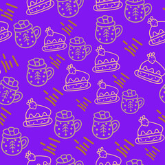 Christmas pattern with cute gifts, christmas cake and mug, abstract patterns on purple background. Festive background with hand drawn elements, vector illustration.