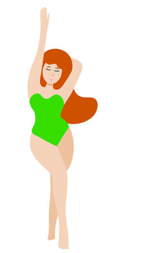 Portrait of an overweight redhead girl in a green swimsuit, isolated on white, flat vector, the girl stands with her hand raised