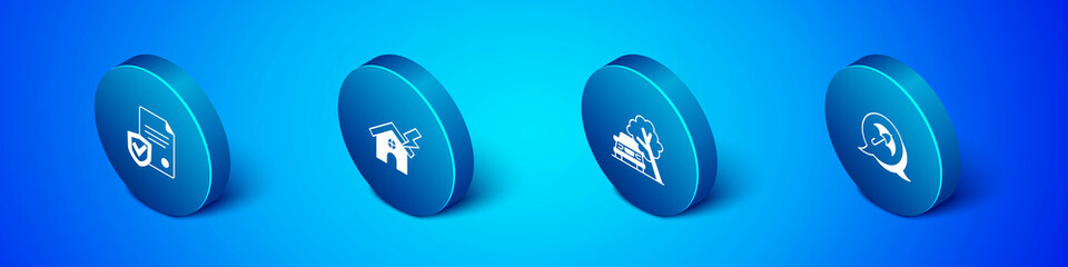 Set Isometric Contract with shield, Car damaged by fallen tree, Umbrella and House and lightning icon. Vector