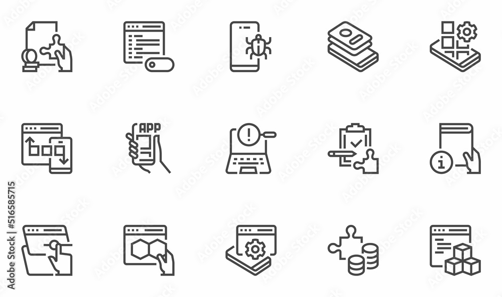 Wall mural customer experience related vector line icons set. project implementation, software development, mob
