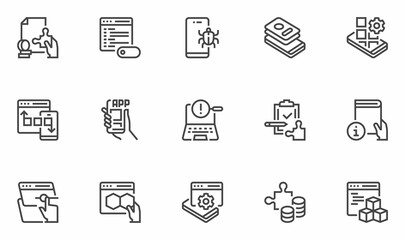 Customer Experience Related Vector Line Icons Set. Project Implementation, Software Development, Mobile Application Development, Interface Design. Editable Stroke. 48x48 Pixel Perfect.