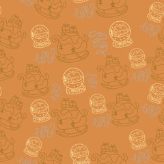 Cute seamless pattern with vector christmas illustrations.Vector hand drawn elements: gifts, socks and hats,  confetti. Nice illustration for wrapping paper.