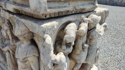 Ancient sarcophagi. Historical artistic tombs.