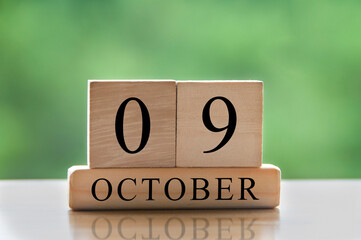 October 9 calendar date text on wooden blocks with copy space for ideas. Copy space and calendar...