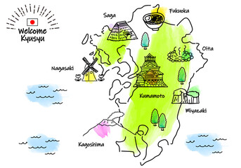 手描きの九州の観光地のシンプル線画イラストマップ	
