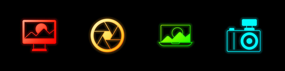 Set Photo retouching, Camera shutter, and camera icon. Vector