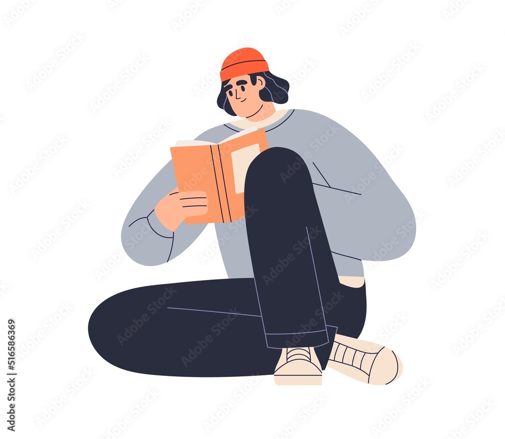 Poster young man holding open paper book in hands at leisure time. person reading. literature, abstract nov