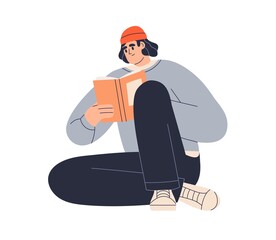 Young man holding open paper book in hands at leisure time. Person reading. Literature, abstract novel reader. Student studying for exam. Flat vector illustration isolated on white background