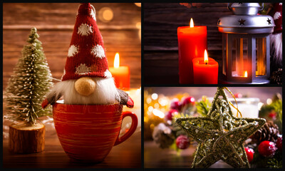 Candle, Christmas tree branch, gnome Christmas background collage