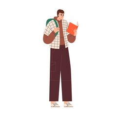 Guy student standing with book, reading and studying. Young man holding textbook, learning with academic literature. Person preparing for exam. Flat vector illustration isolated on white background