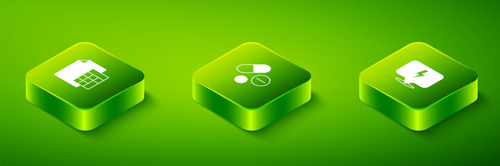 Fototapeta premium Set Isometric Medicine pill or tablet, Lightning bolt and Calculator icon. Vector