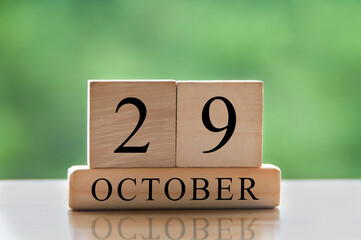 October 29 calendar date text on wooden blocks with copy space for ideas or text. Copy space and calendar concept