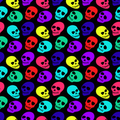 Colorful skulls seamless pattern. Skulls on a black background.Vector illustration of a skull. Bright and fashionable design for Halloween, Day of the dead, tattoos, prints, poster