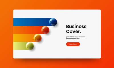 Premium book cover design vector template. Multicolored realistic spheres landing page illustration.