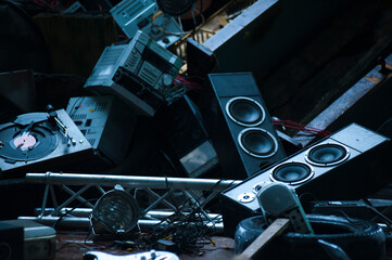 musical instruments and stage and musical equipment broken after concerts. music ecology technology...