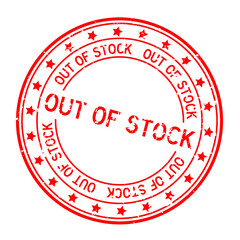 Grunge red out of stock word with star icon round rubber seal stamp on white background