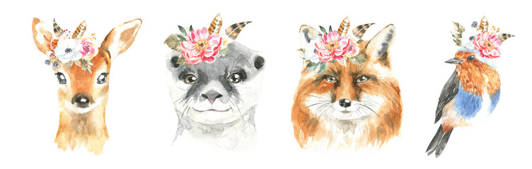 Watercolor woodland boho animal set of forest isolated cute deer,otter,fox,bird illustration.Baby animals with flower frame and color splashes. Nursery animal portrait for baby shower, greeting
