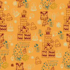 Cute seamless pattern with vector christmas illustrations. Cute vector hand drawn elements: gifts, spruce and mistletoe branches,socks,candles, confetti. Nice illustration for wrapping paper.