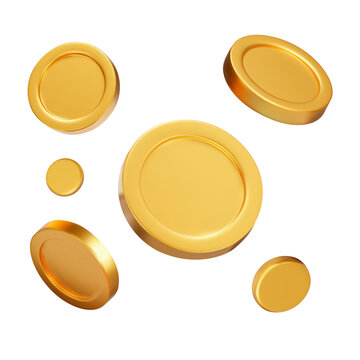 Flying coins 3d icon. Gold coins from different angles. Isolated object on a transparent background