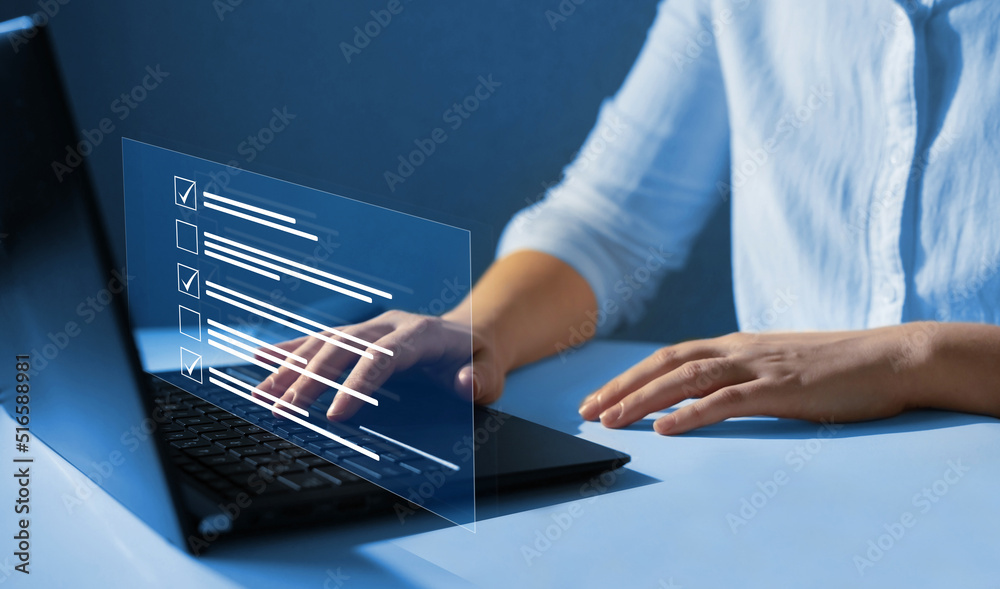 Poster Fast checklist and clipboard task management.Business productivity checklist and  filling survey form online.