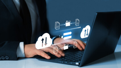 Exchange information and data with internet cloud technology.FTP(File Transfer Protocol) files receiver and computer backup copy. File sharing isometric. Digital system for transferring documents and 