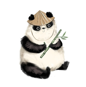 Cute teddy bear cartoon adorable funny chinese clipart nursery childish panda mammal eating bamboo sticks sitting on the ground in a forest.