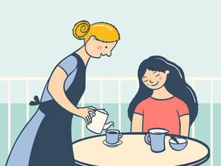 The waitress pours tea to the girl. Vector illustration