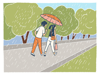 Obraz premium A young couple walking in the rain with an umbrella.
